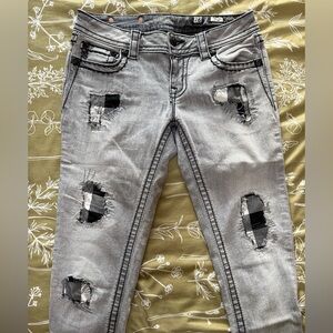 Distressed Gray Jeans with Plaid Patches